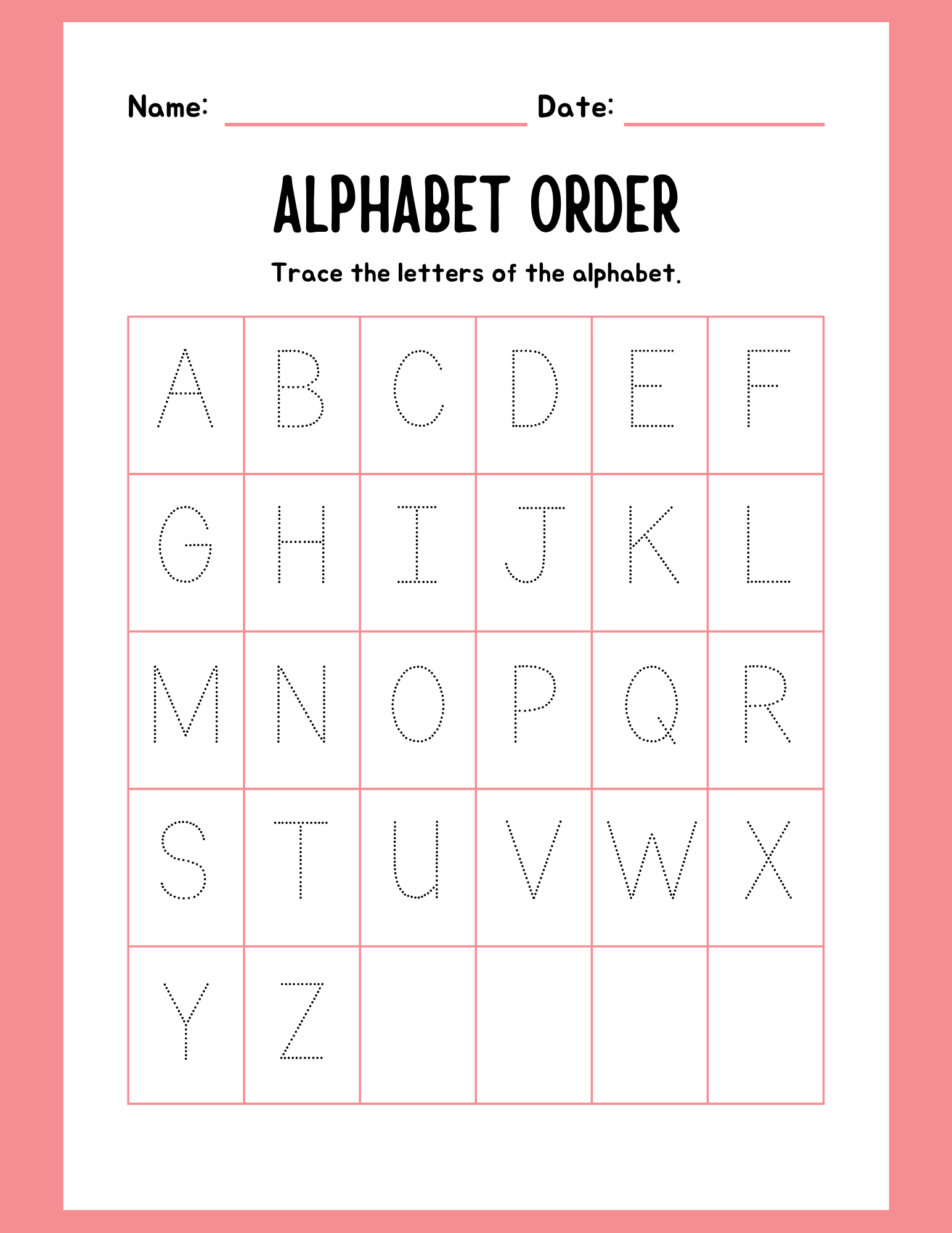 Printable alphabet order tracing worksheet with dotted A-Z letters for kids