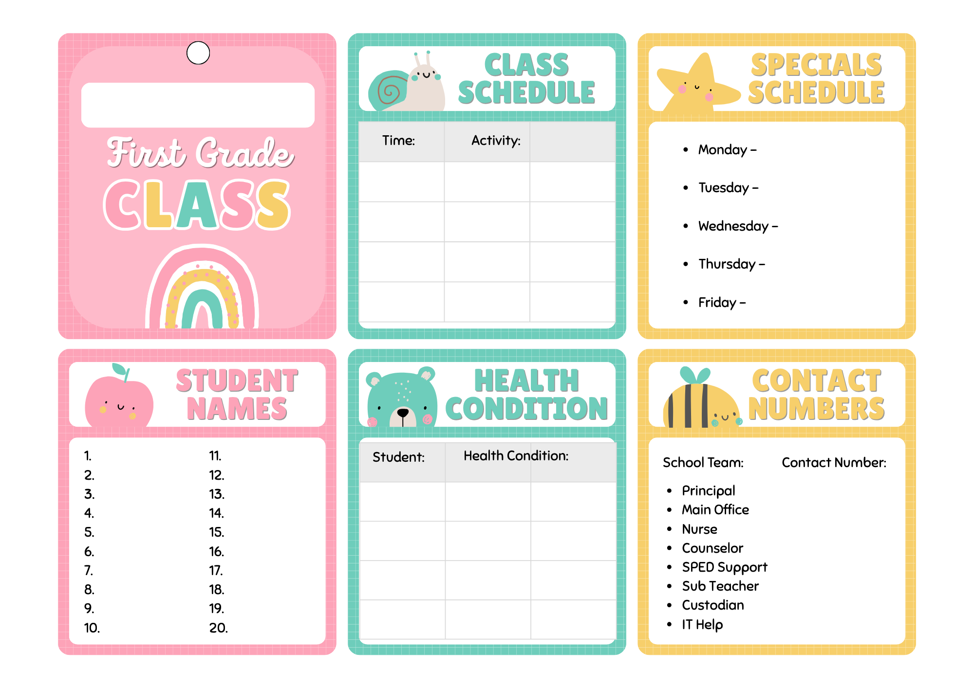 First grade rainbow teacher lanyard cards full set