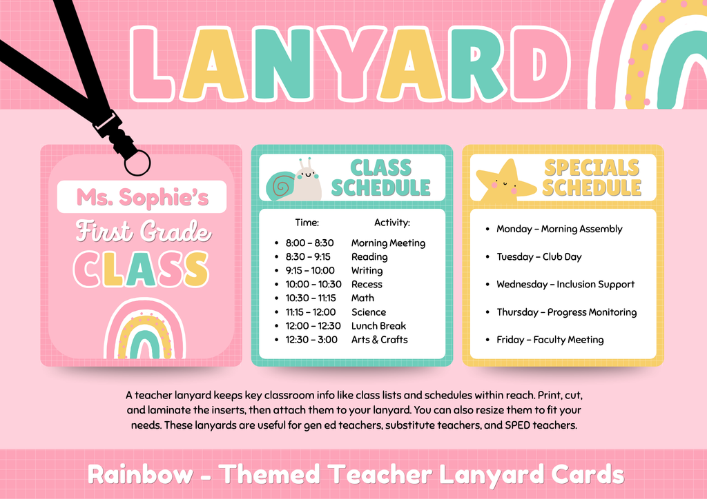 First grade rainbow teacher lanyard cards preview with example filled in