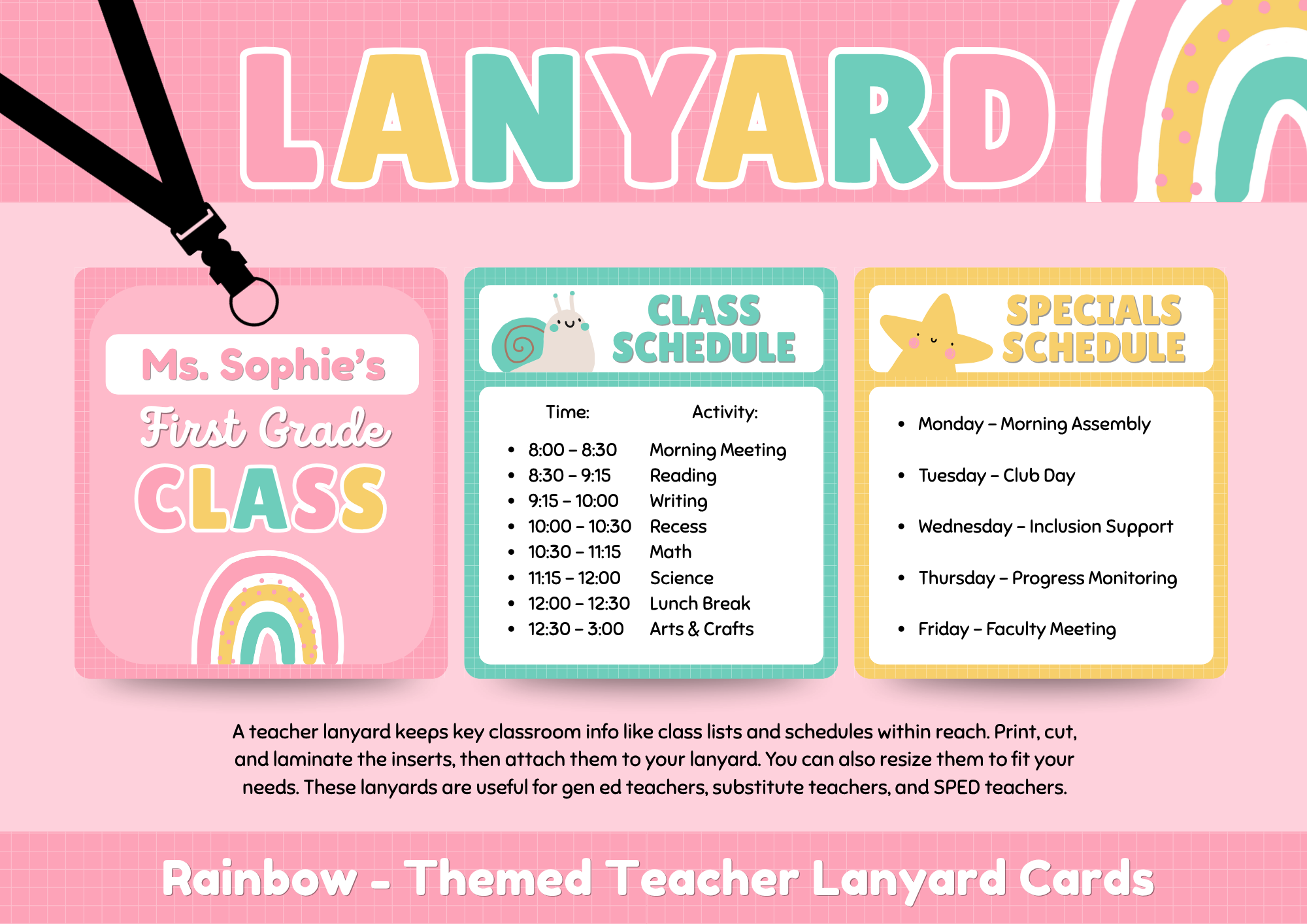 First grade rainbow teacher lanyard cards preview with example filled in