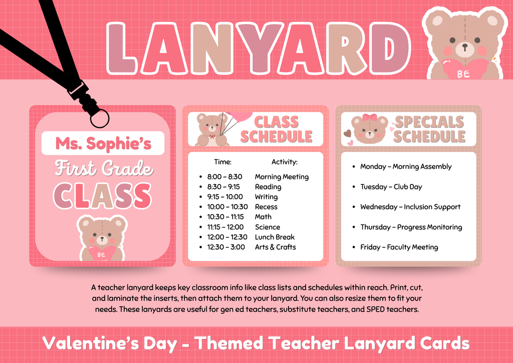 Valentine's Day bear themed kindergarten teacher lanyard cards preview