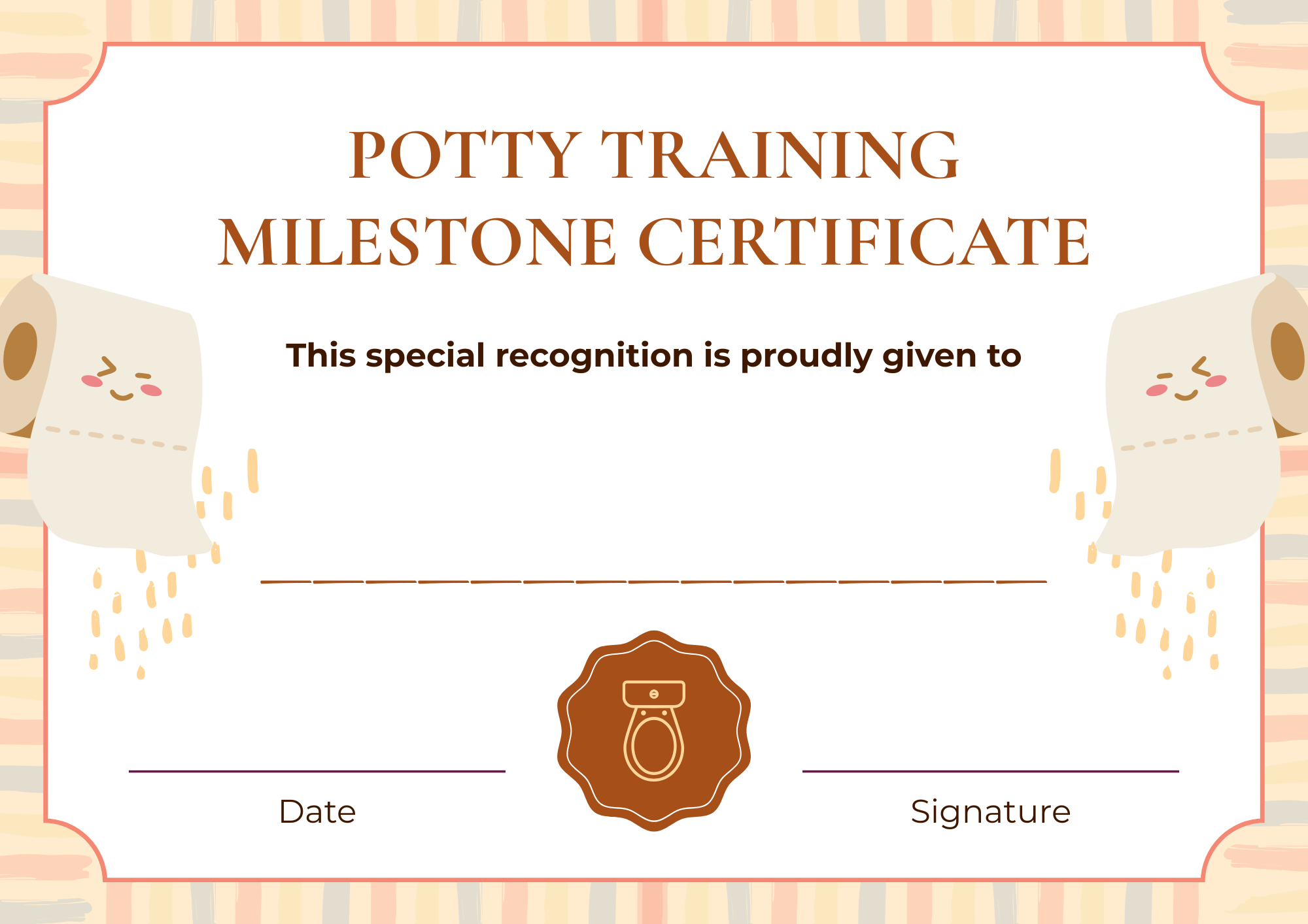 Potty Training Milestone Certificate printable with kawaii toilet paper rolls