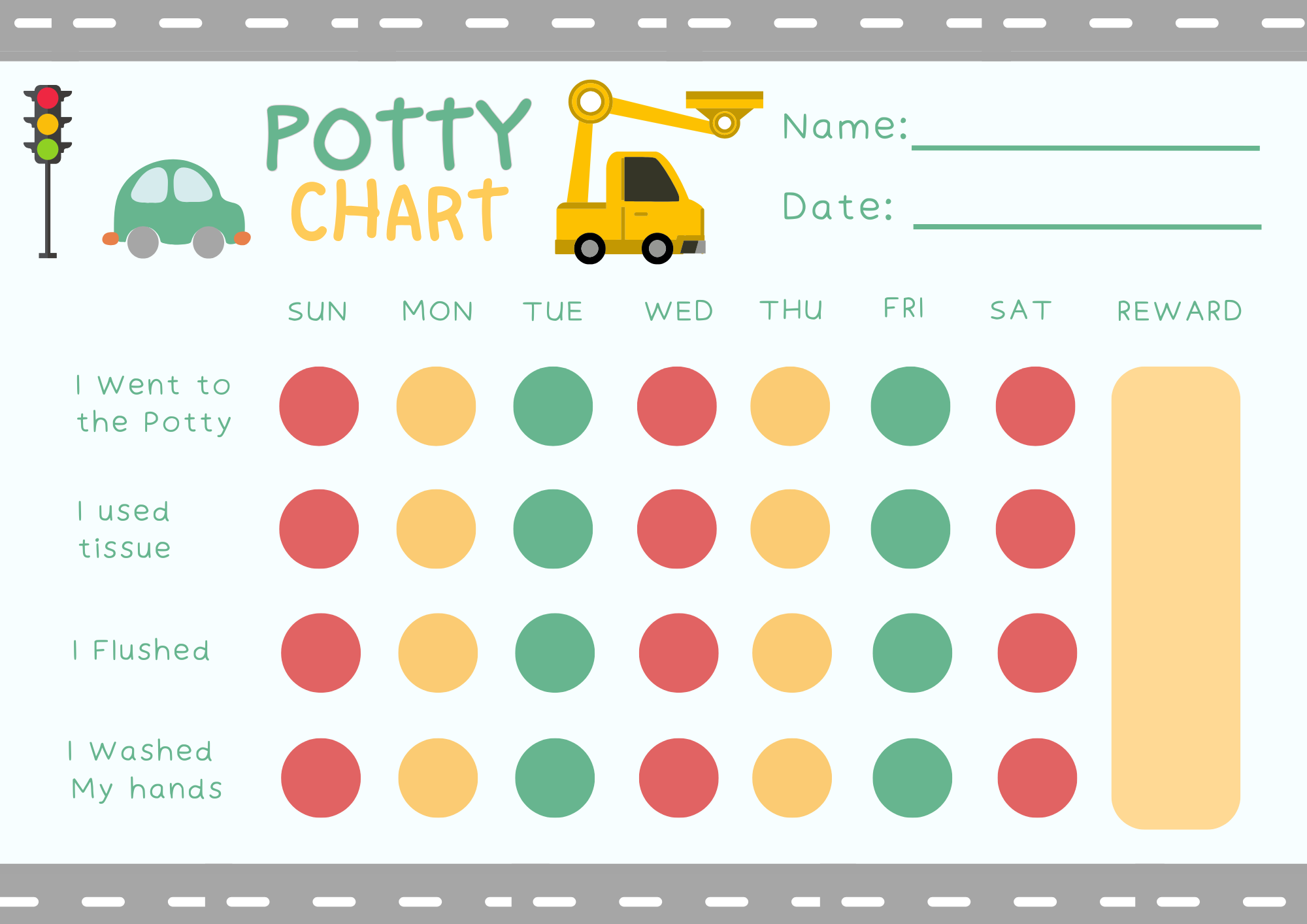 Construction theme printable potty training reward chart with cars and trucks