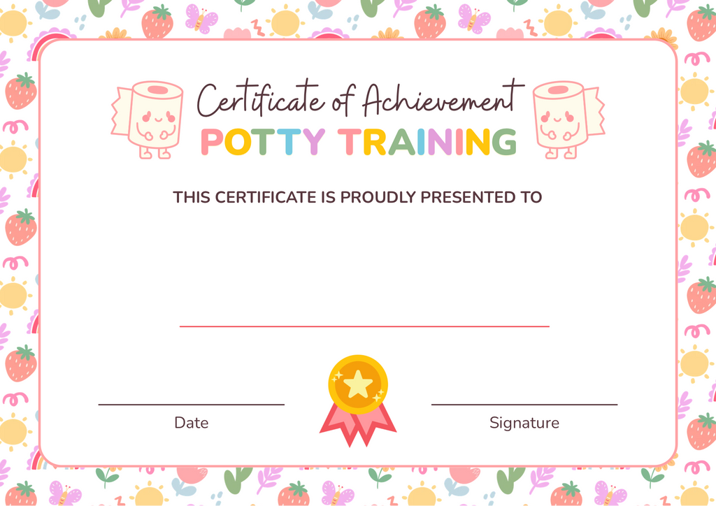 Printable potty training certificate of achievement for toddlers with kawaii design