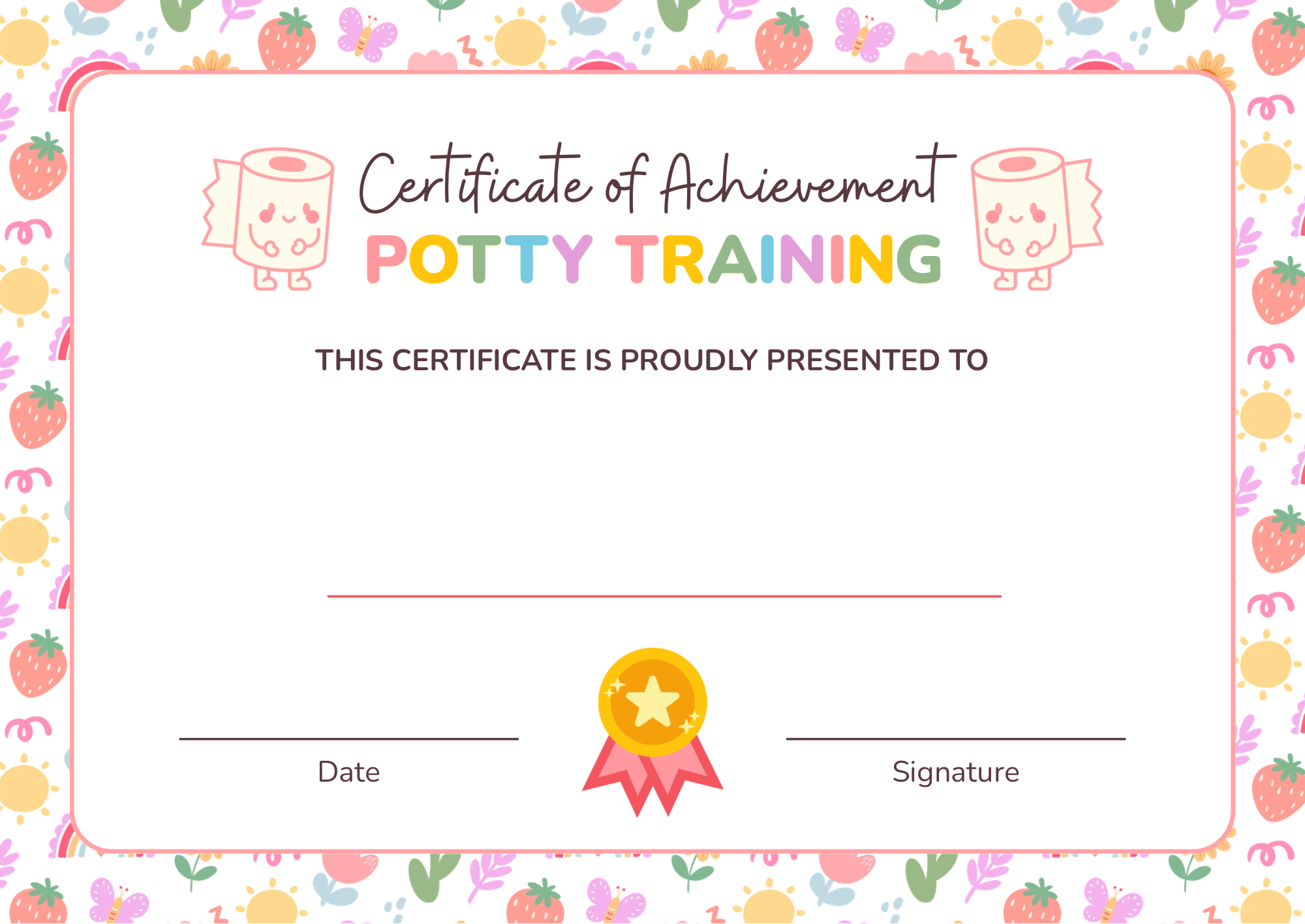 Printable potty training certificate of achievement for toddlers with kawaii design