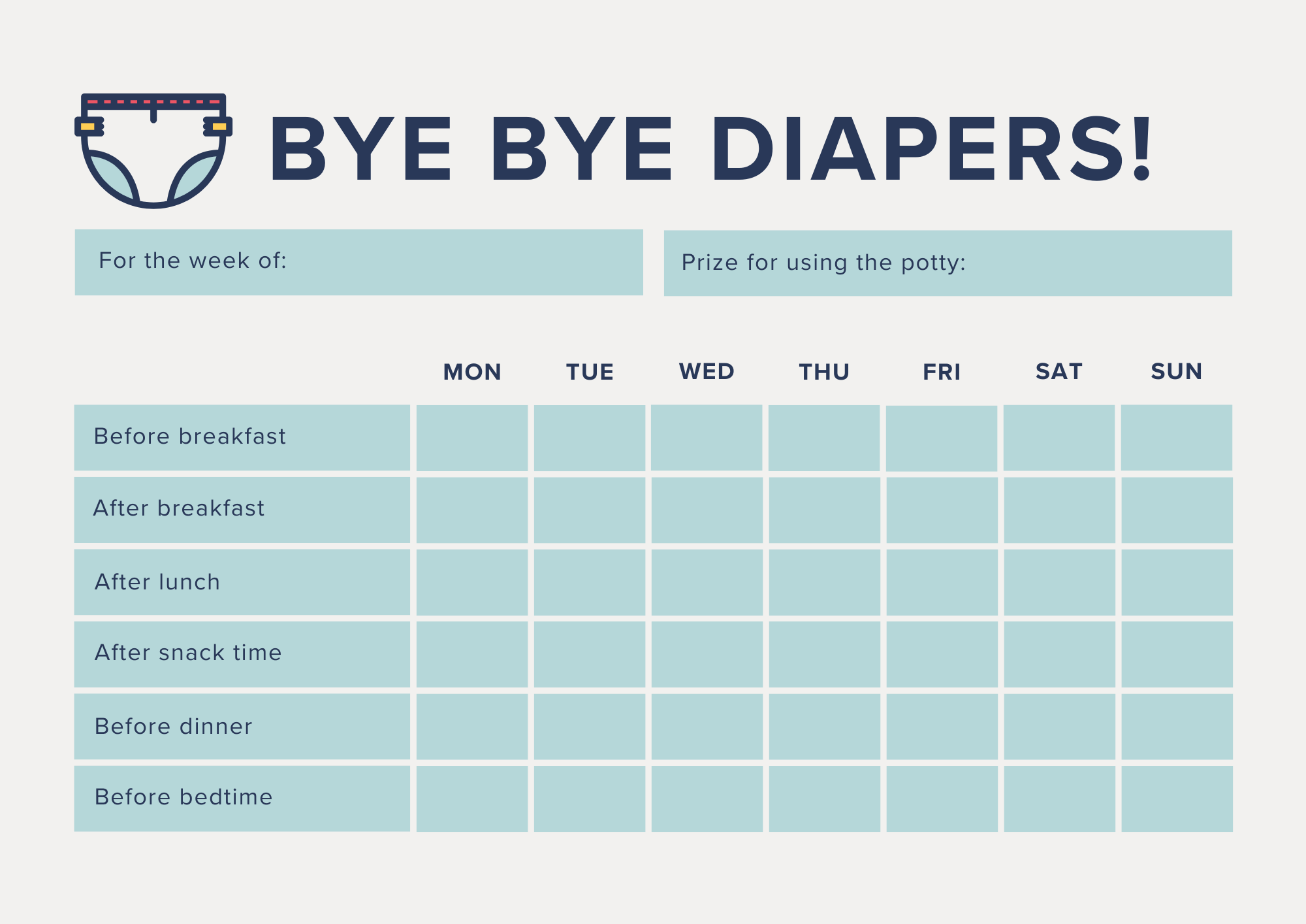 Bye Bye Diapers printable weekly potty training tracker chart
